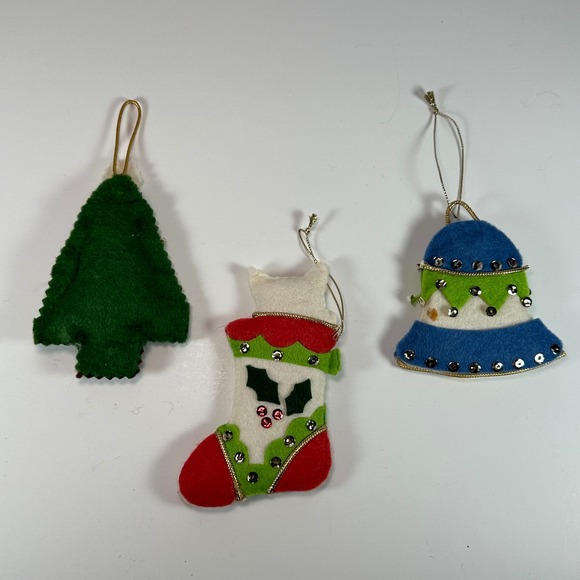 Vintage Handmade Felt Christmas Ornaments Set 3 Cat Stocking Tree Bell Sequins - Picture 5 of 6